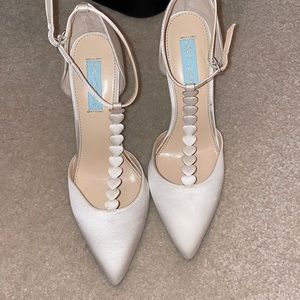 Betsey Johnson White Satin Heels; Bridal Shoes with Blue Bottoms
